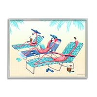 Stupell Industries Pink Flamingos Lounging Beach székek trópusi jelenet grafikus művészet szürke keretes művészet nyomtatott