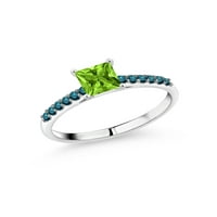 Drágakő Király 0. Ct hercegnő zöld Peridot kék gyémánt 10K fehér arany gyűrű
