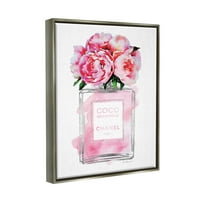 Stupell Industries GLAM Perfume palack V virág ezüst rózsaszín bazsarózsa fényes szürke keretes úszó vászon fali művészet,
