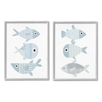 A Stupell Industries szeszélyes kék mintás halak grafikája szürke keretes művészet nyomtatott fali művészet, 2 -es