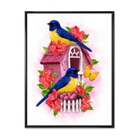 Designart 'Két sárga és kék cici madarak ülnek a fészek közelében' hagyományos keretes vászon fali művészet nyomtatás